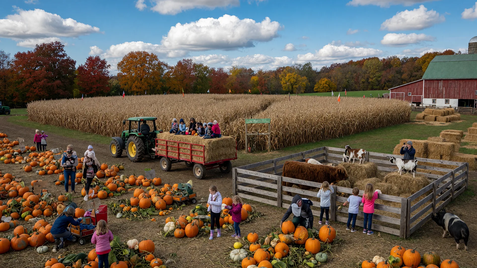 Family fall festival on a Montgomery County farm with a hay wagon, corn maze and pumpkin patch under a bright autumn sky