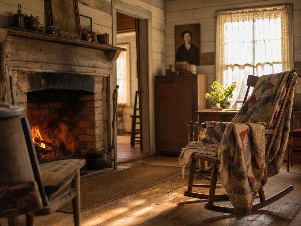 Historic farmhouse interior with wood-burning fireplace, wide-plank floors, and a vintage quilt draped over a rocking chair in warm afternoon light