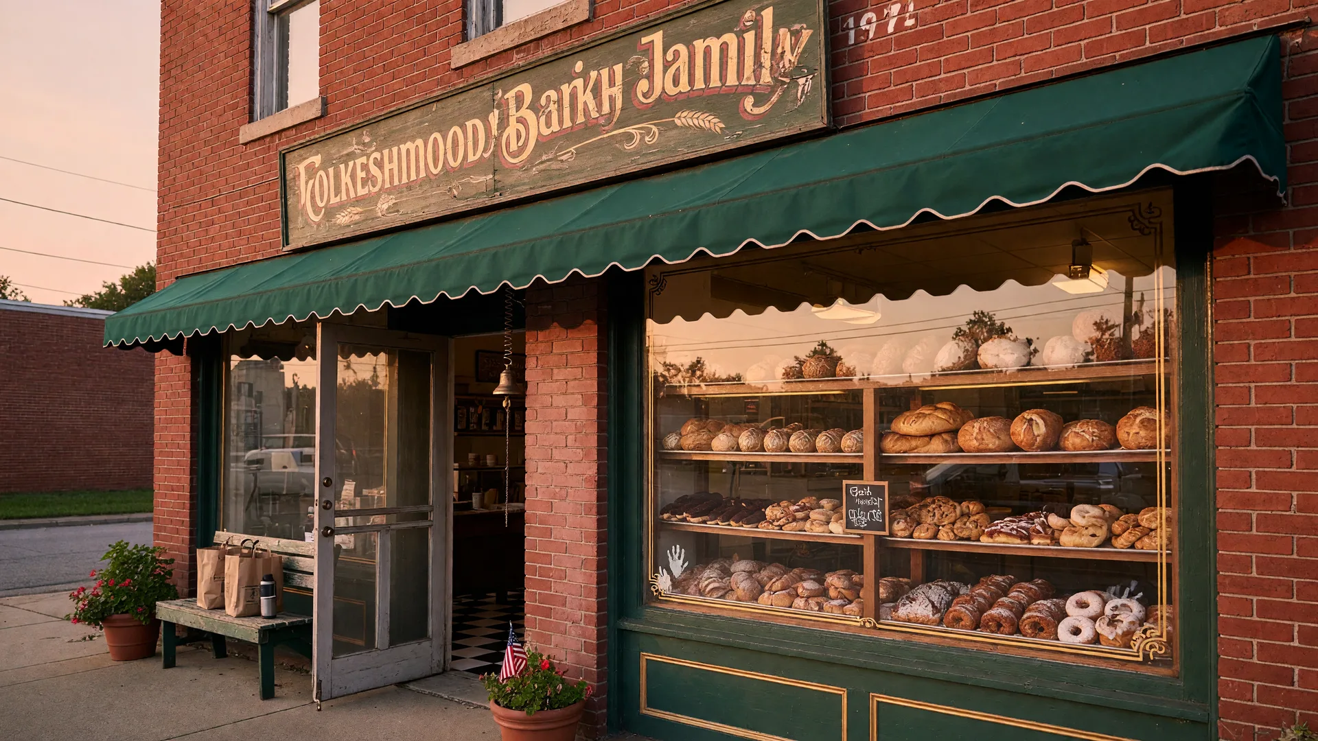 A historic red brick bakery storefront in Springfield Ohio with a vintage sign and display case filled with artisan breads and pastries in early morning golden light