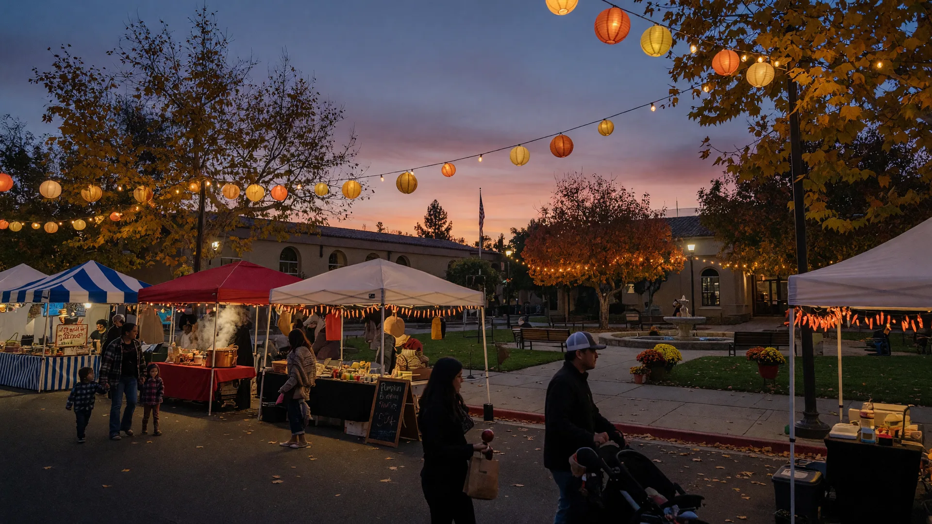 A small-town autumn street festival at dusk with vendor tents, warm string lights, and a civic plaza in the background