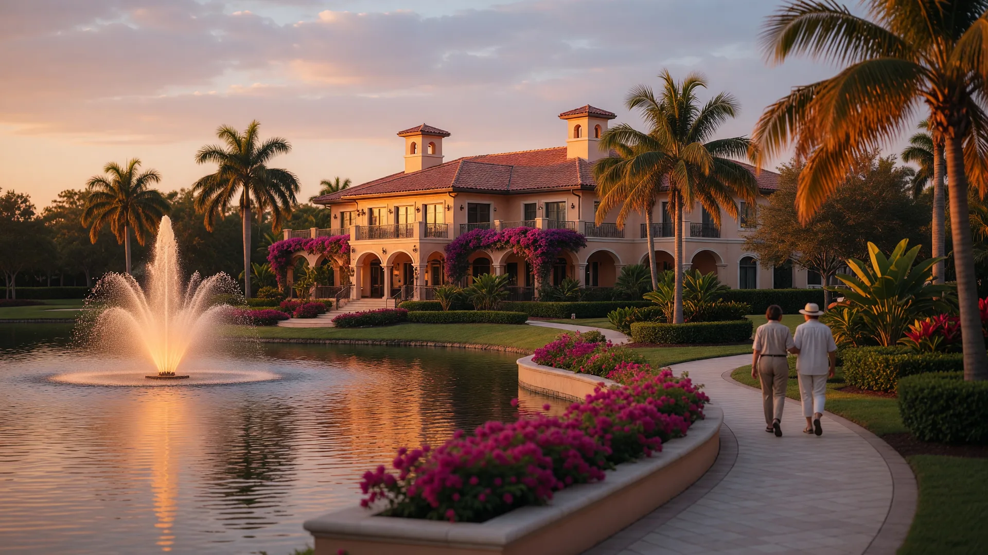 A peaceful Florida retirement community at golden hour with a lake, fountain, Mediterranean-style clubhouse, and tropical landscaping