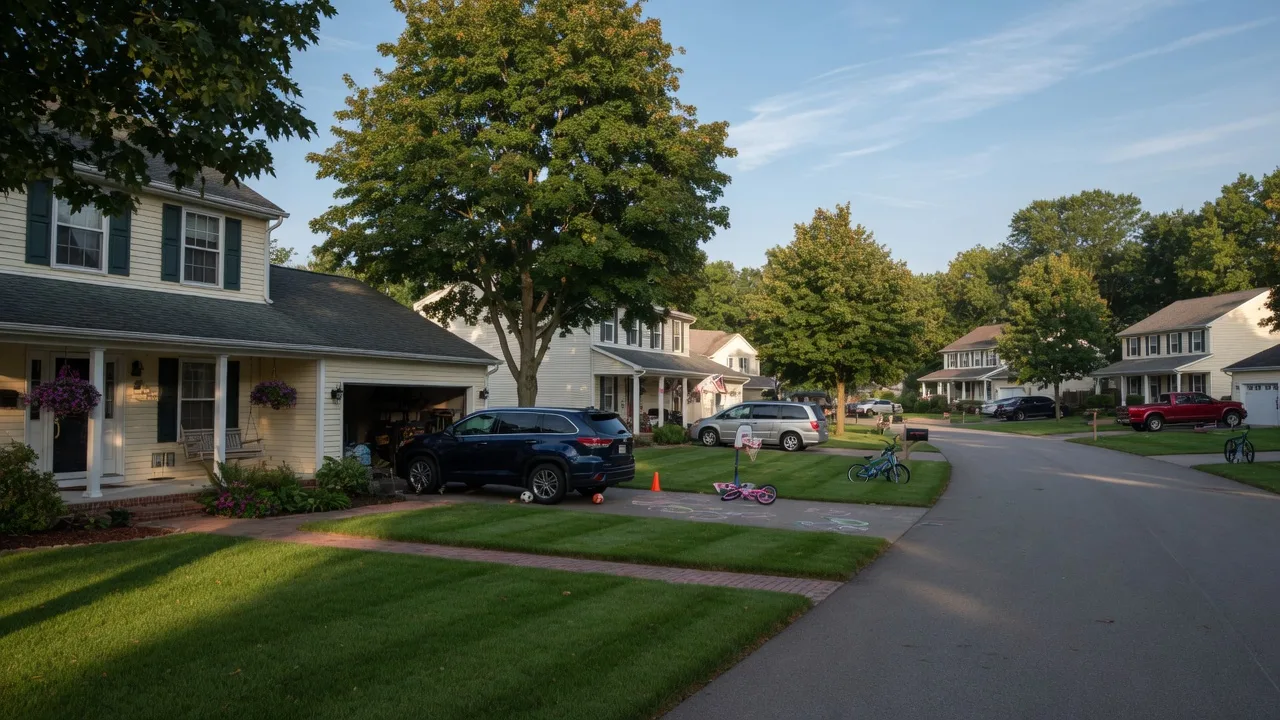 A warm late-summer morning on a tree-lined residential street in Strongsville, Ohio with a two-story colonial home, open garage, manicured lawn,and mature maple trees