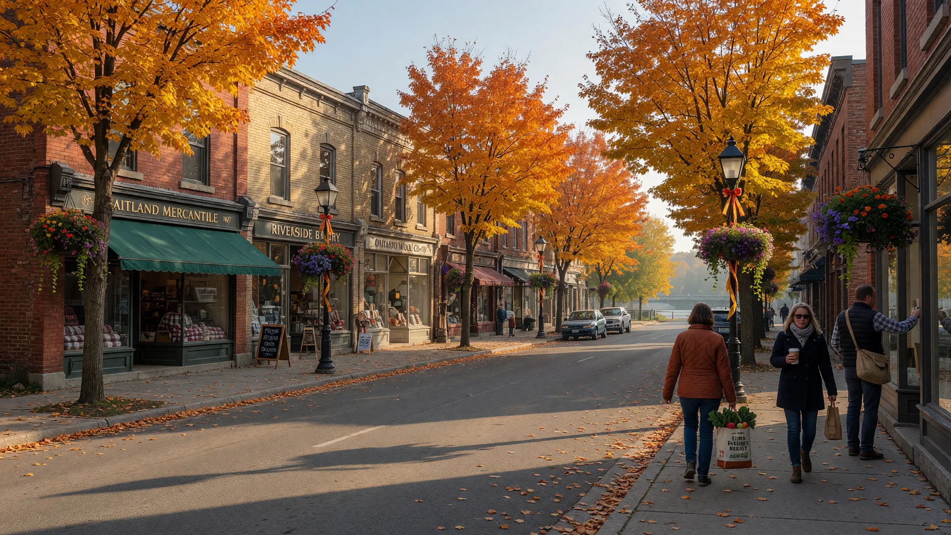 Peak fall colour on the main street of a small Ontario river town on a crisp October Saturday morning with heritage shopfronts and golden maples