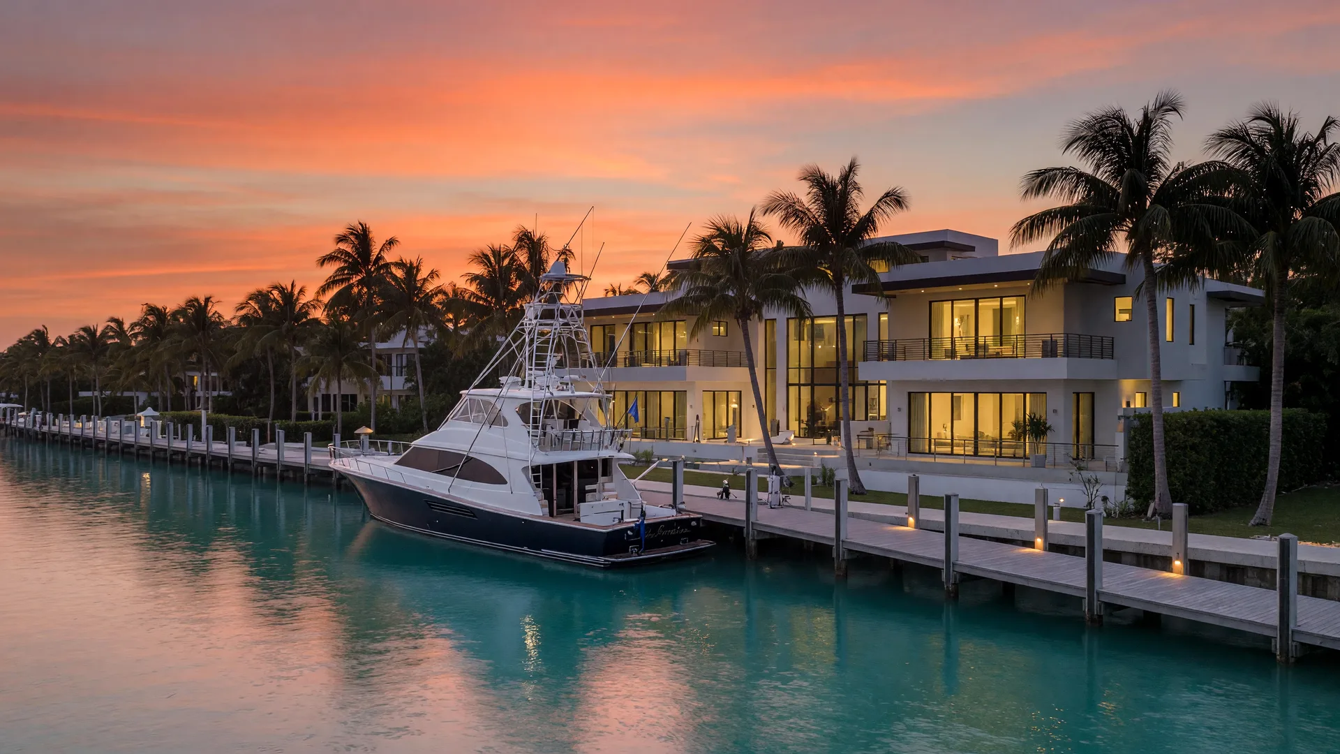 Modern waterfront estate in Key Largo at sunset with a sportfishing yacht at a private dock, vibrant orange and pink sky reflected in the canal, elegant contemporary architecture with impact glass