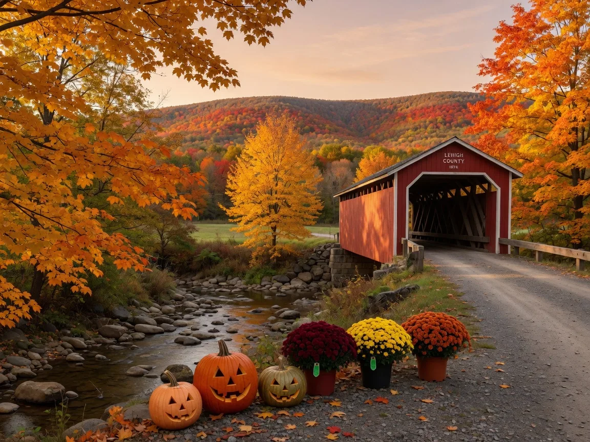 A crisp mid-October view of a small red covered bridge crossing a rocky creek in rural Lehigh County, with sugar maples at peak gold and orange, carved pumpkins and potted mums on the near bank, and the Blue Mountain ridge showing strong fall color on the horizon
