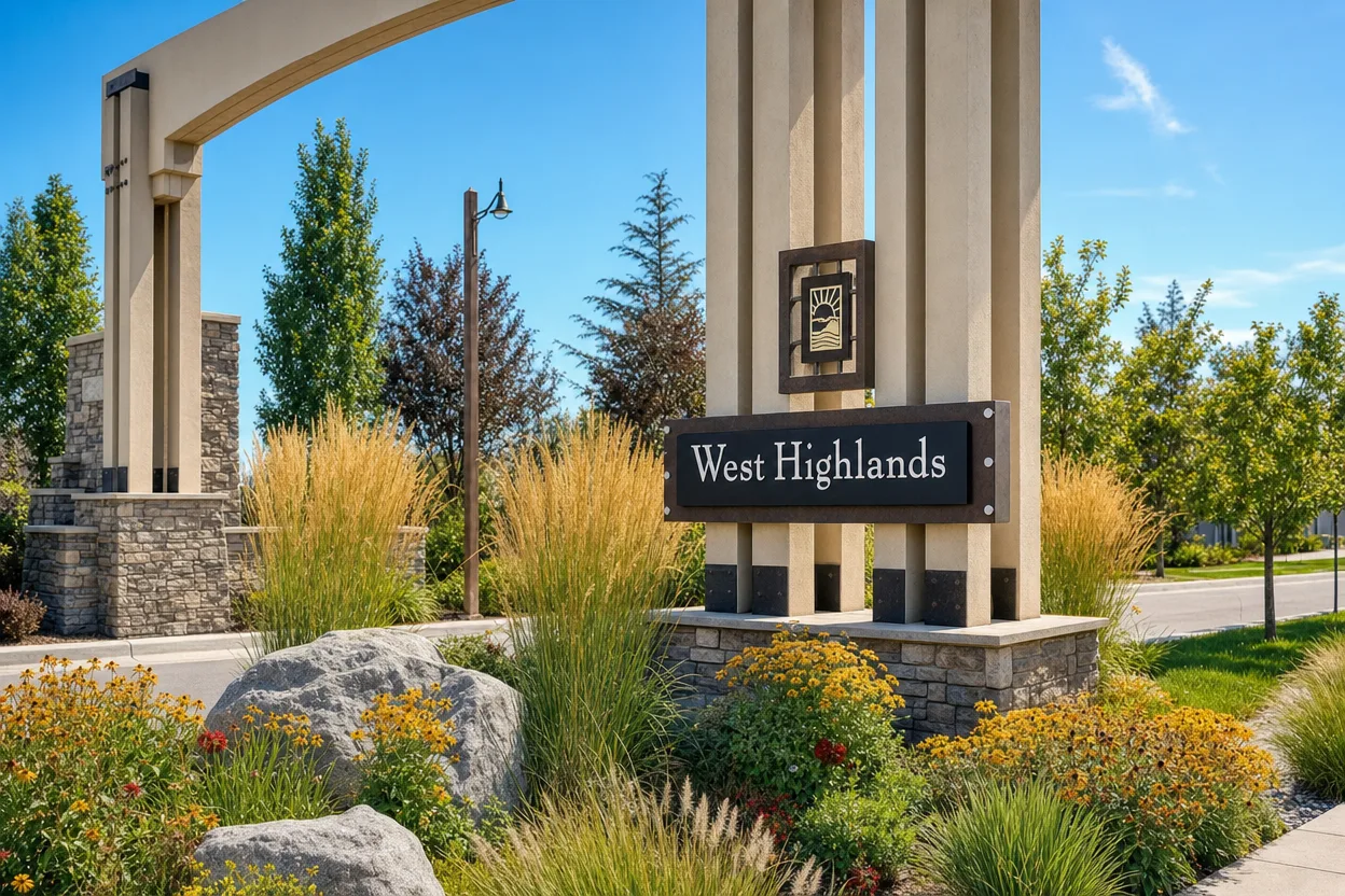West Highlands and The Meadows neighborhood entrance signage in Middleton Idaho