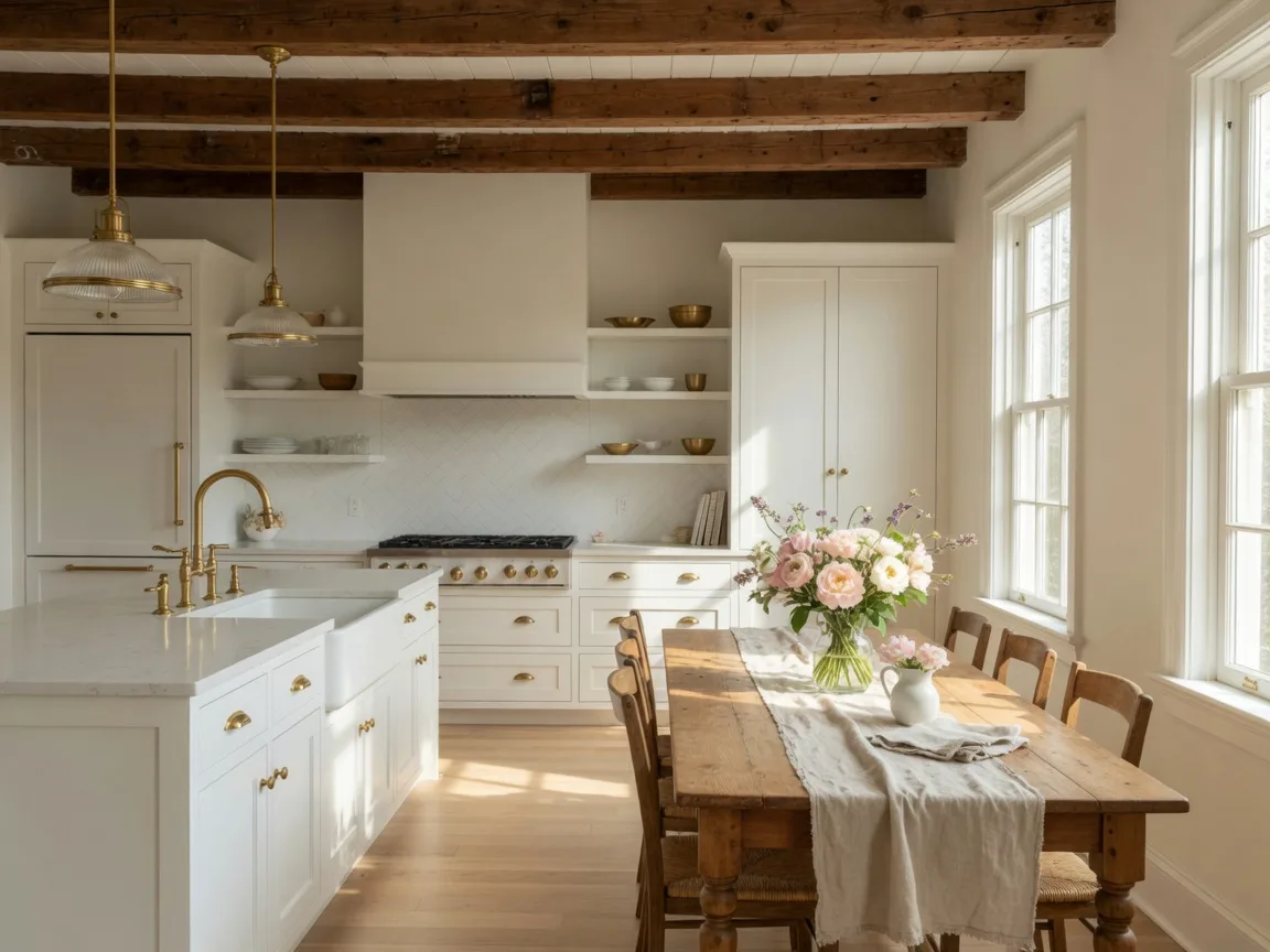 The bright renovated interior of a historic home with white cabinetry, brass fixtures, and exposed wood beams