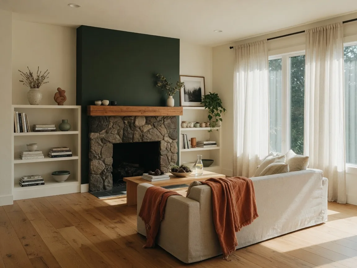 Light-filled living room with a linen sofa, a terracotta throw, and a forest green fireplace wall, representative of the interior style at 7642 SE Harrison St