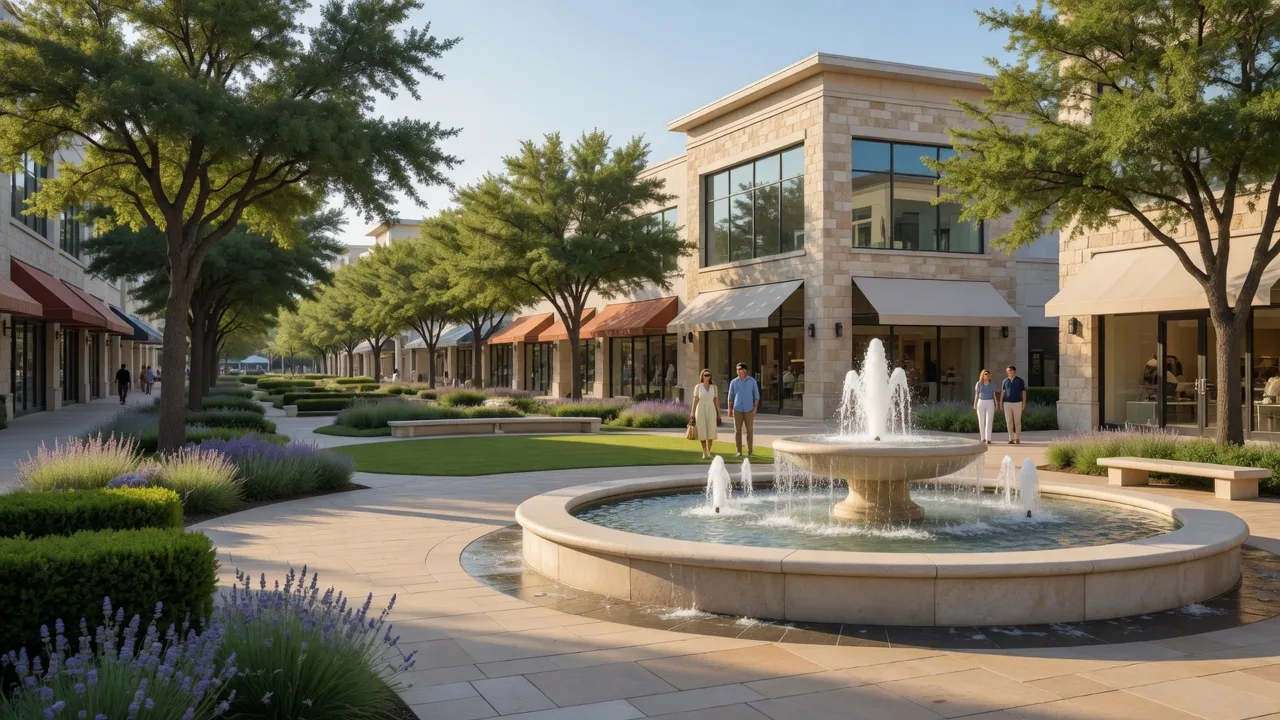 The walkable, fountain-lined streets of The Domain open-air shopping district in North Austin