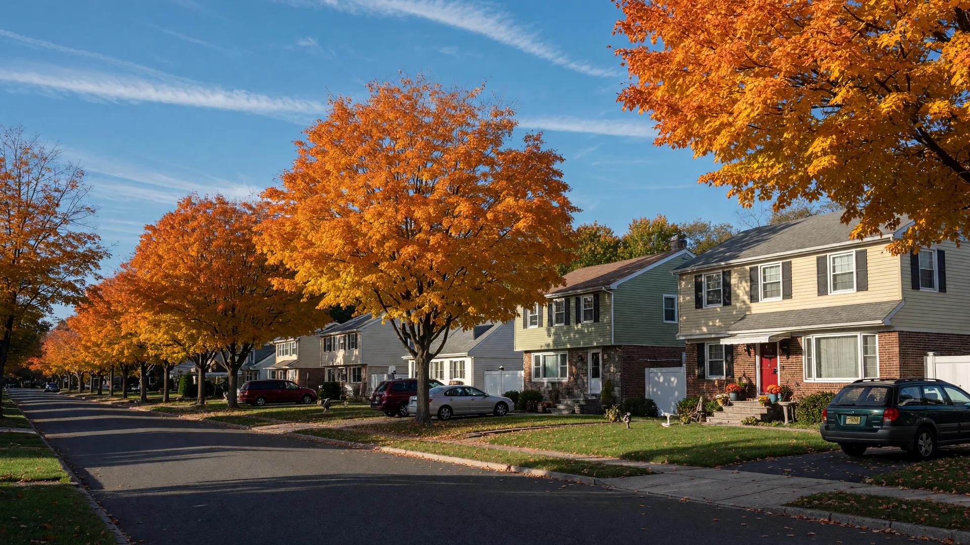 Tree-lined residential street in Cinnaminson New Jersey with colonial homes and autumn maples in warm October light
