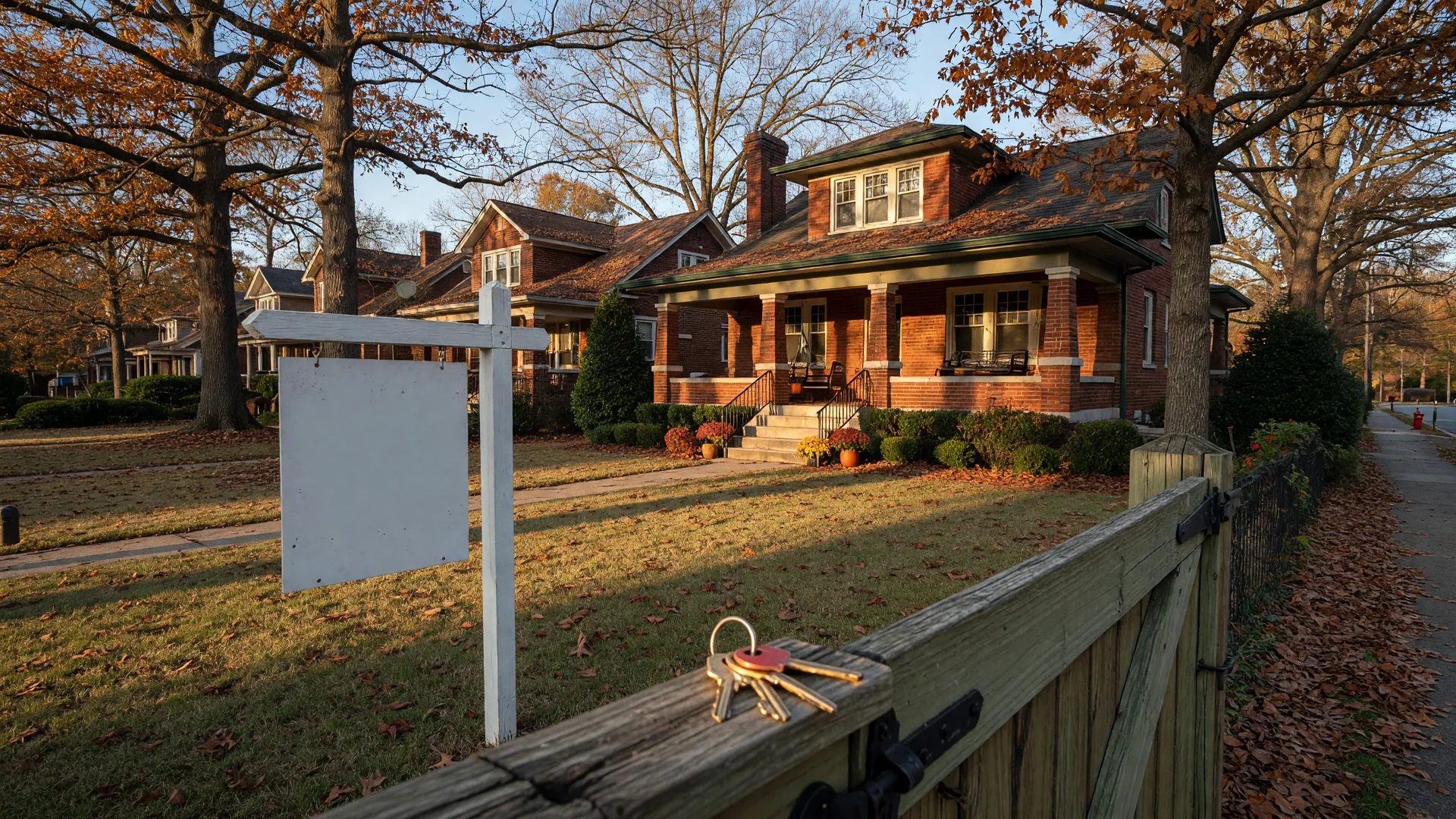 A brick craftsman home in a Metro Atlanta neighborhood at golden hour with a For Sale sign and a pair of keys resting on the front gate, representing the choice of whether to buy now