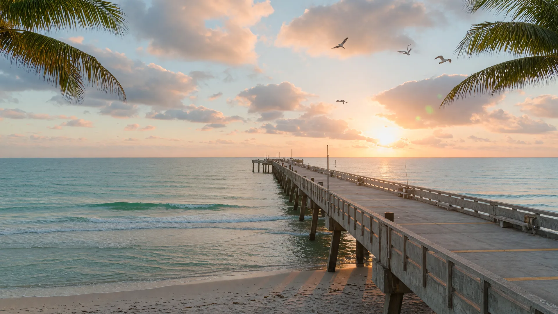 A long fishing pier over calm Atlantic surf at golden hour in Pompano Beach