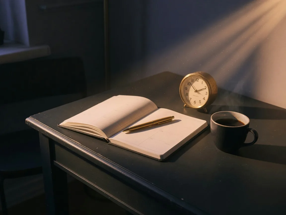 Dawn light across a charcoal desk with a planner and gold pen ready, showing up before you feel like it