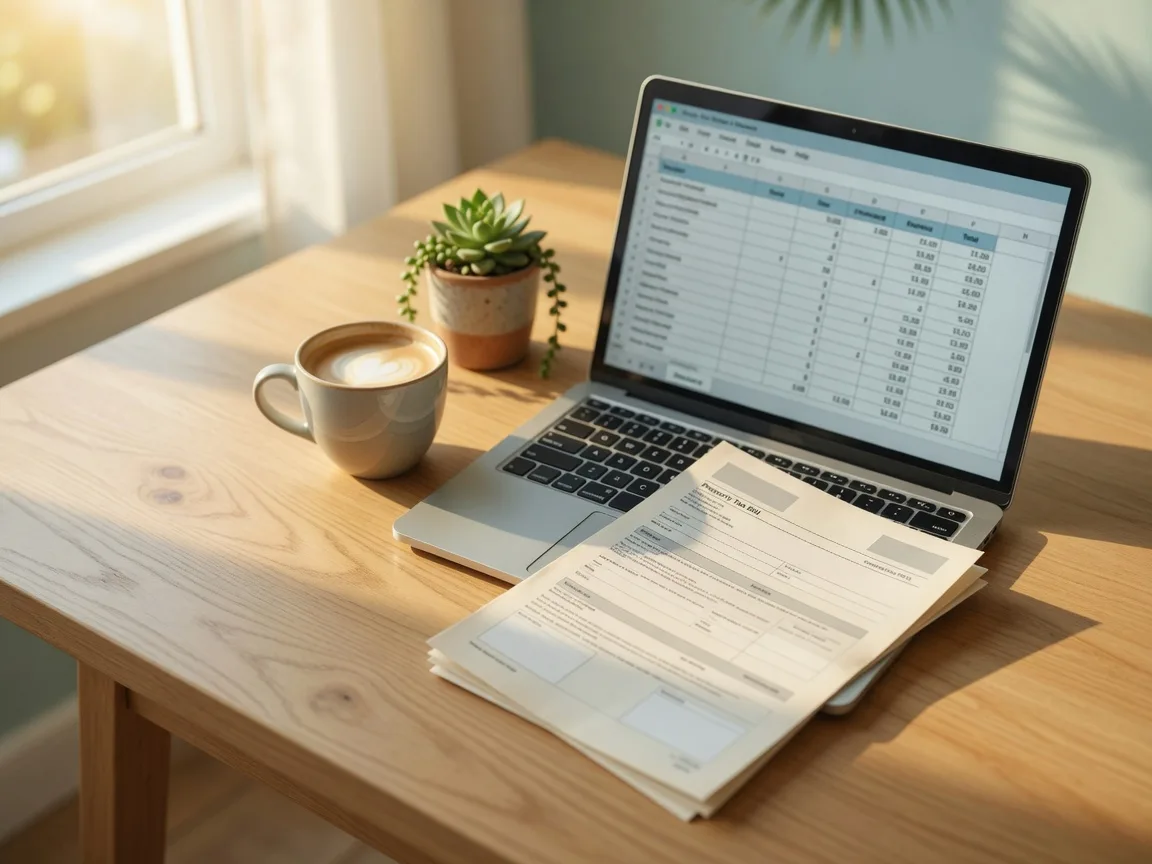 Laptop with a budgeting spreadsheet, a property tax document, and a coffee cup on a light wood desk in warm morning light