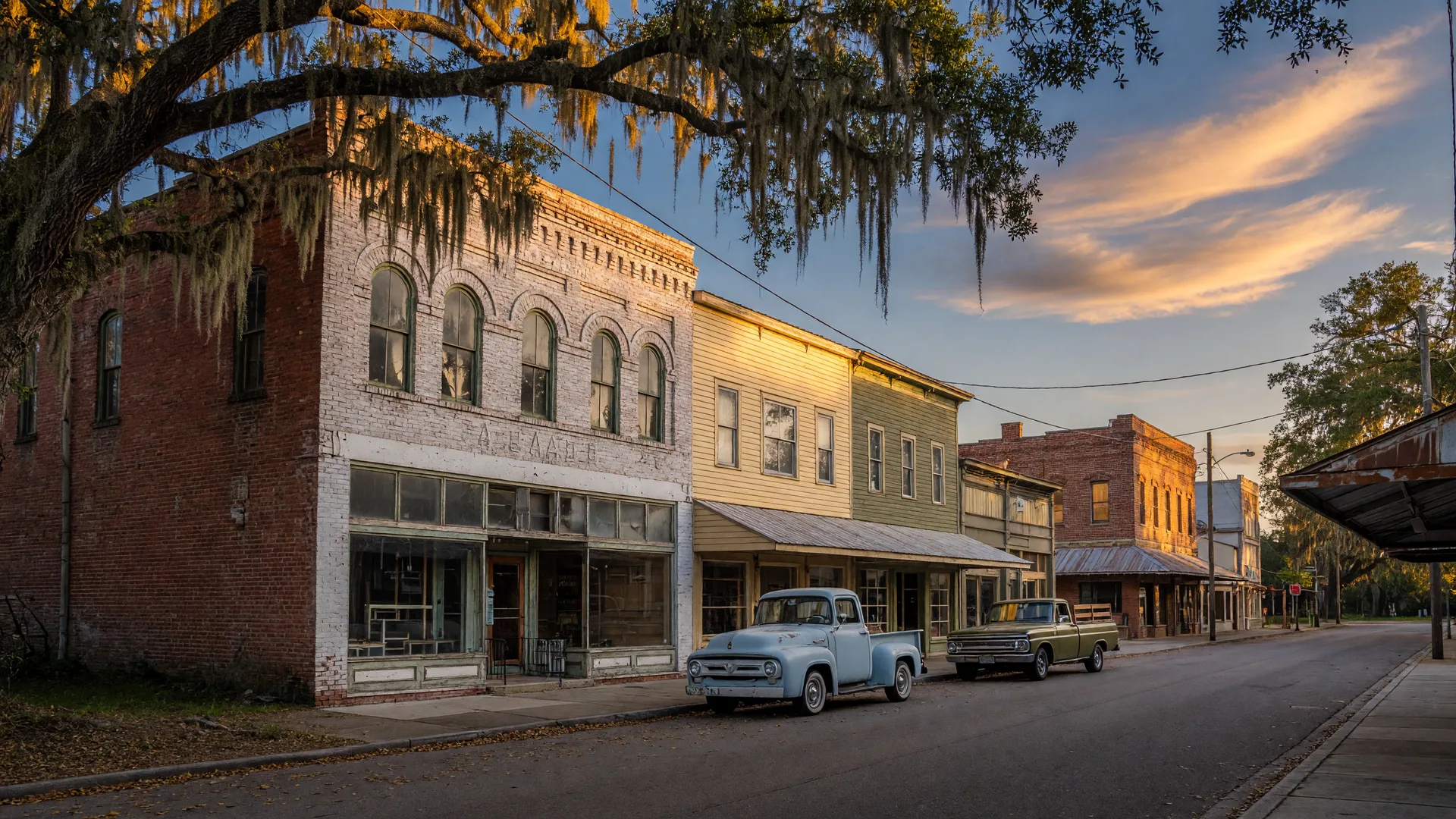 Historic Main Street in Fellsmere at golden hour, with the restored brick Arcade building, classic pickup trucks at the curb, and live oaks with Spanish moss framing the storefronts.