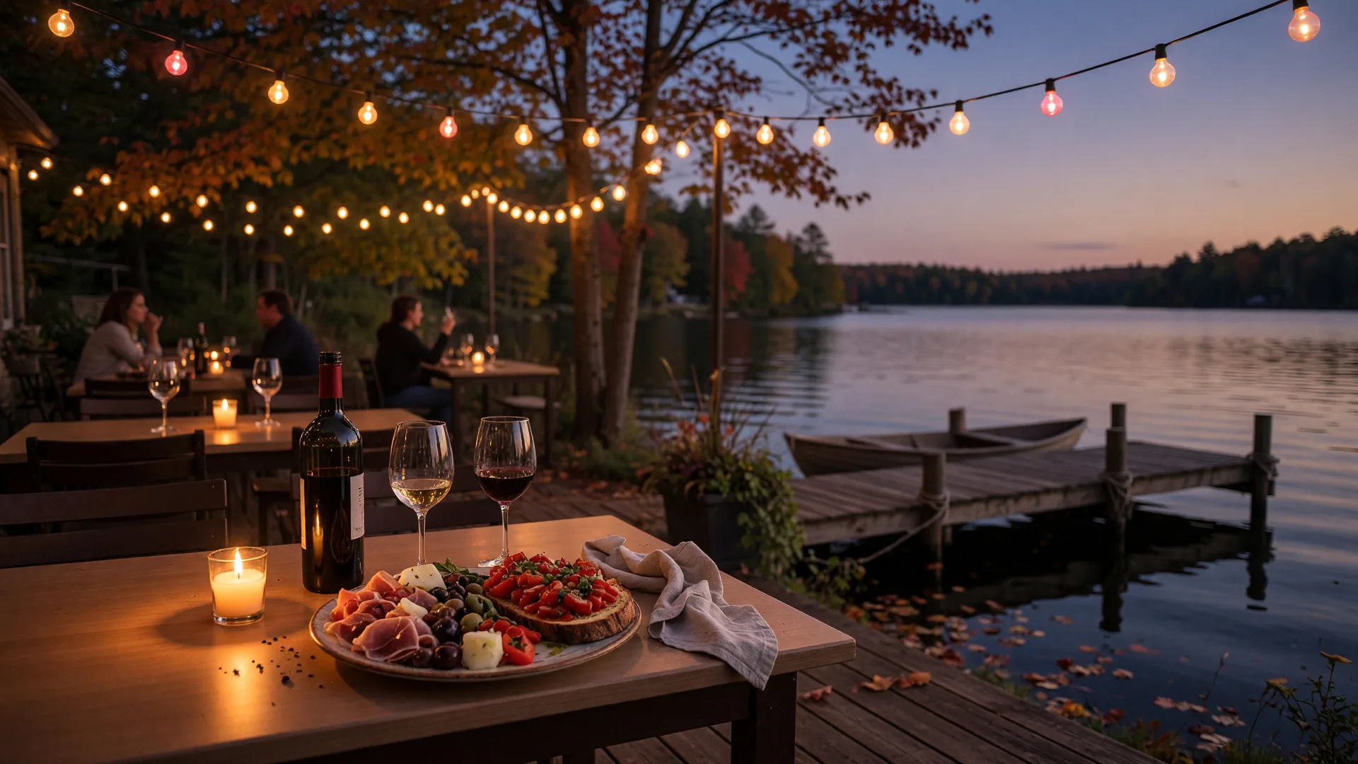 An editorial-style scene of a candlelit lakeside bistro patio at dusk, with wine glasses and small plates on the table, string lights overhead and calm water beyond