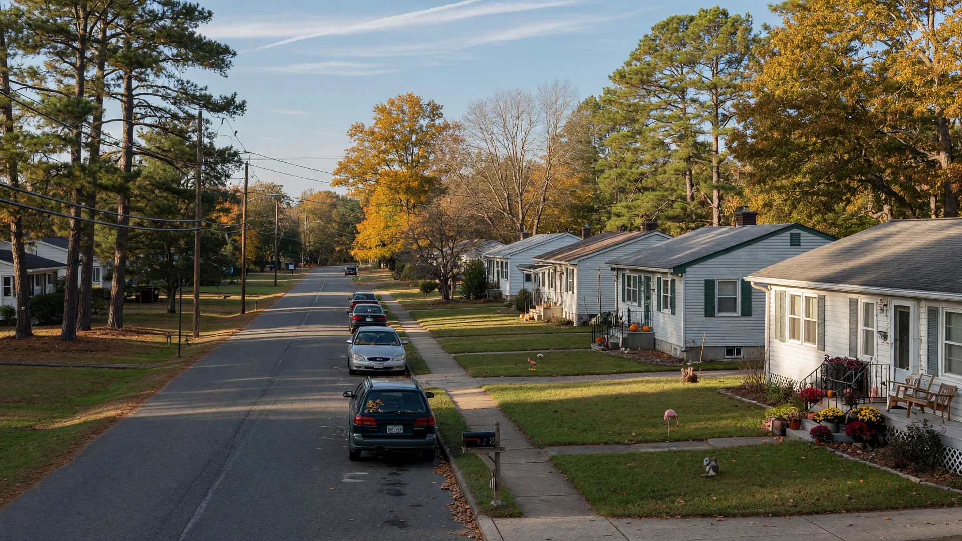 A quiet residential street of mid-century single-family homes in a small South Jersey Pine Barrens town on a crisp October morning, with pine and oak trees showing early autumn color