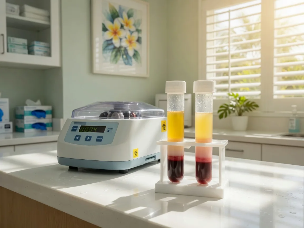 A small laboratory centrifuge beside two tubes of platelet-rich plasma showing separated layers on a white clinic counter