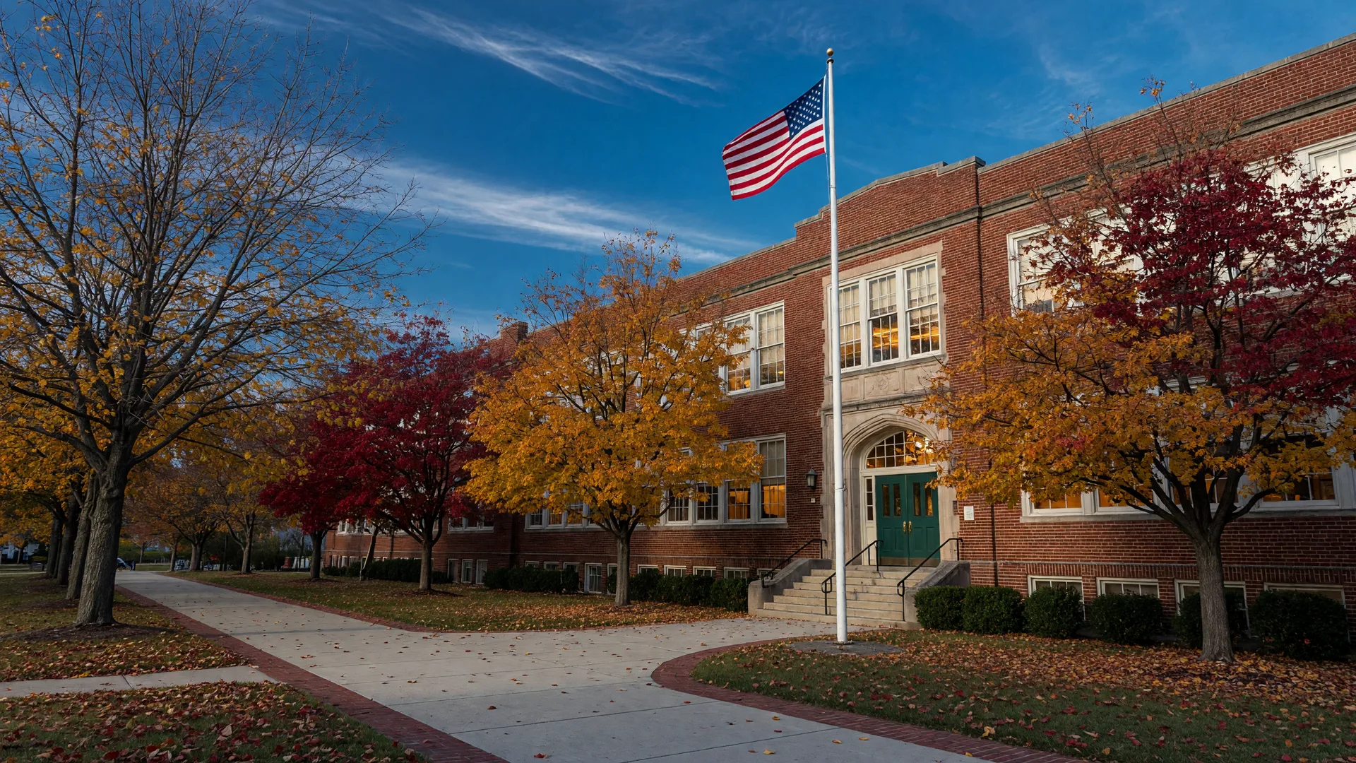 A classic Pennsylvania brick school building on a crisp late October morning, with golden and crimson maple trees framing the entrance and an American flag beside the front steps