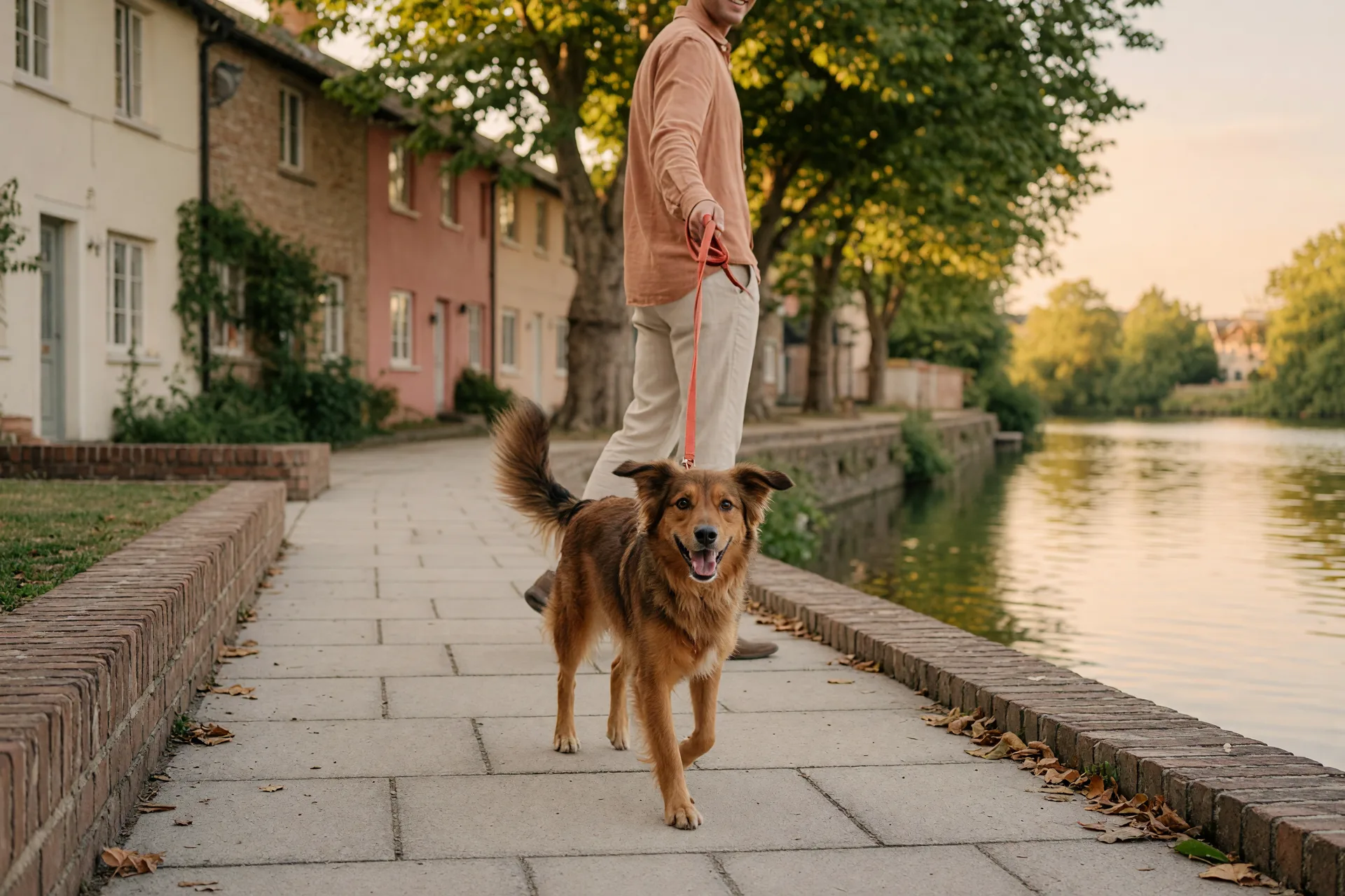 A person walking a dog on a leash along a paved riverside path in a small town.