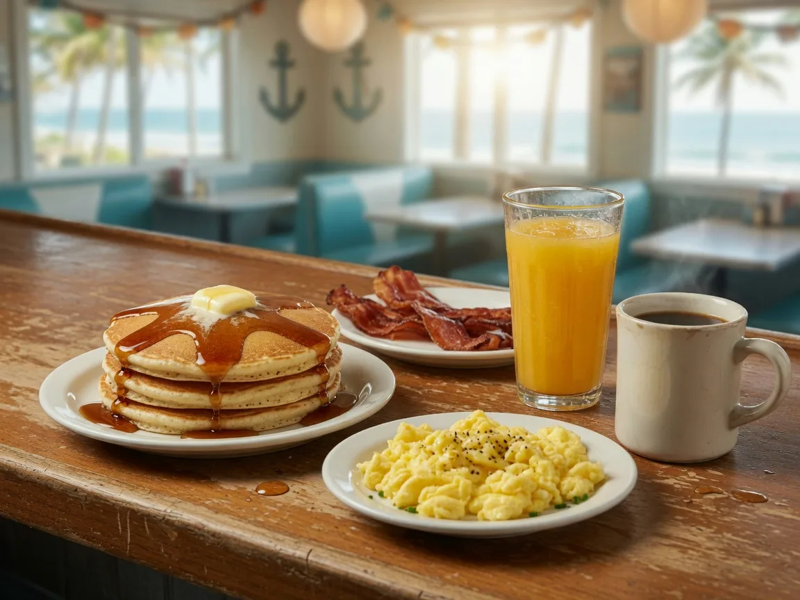 A classic American breakfast spread with pancakes, bacon, eggs, orange juice, and coffee on a beach-town diner counter