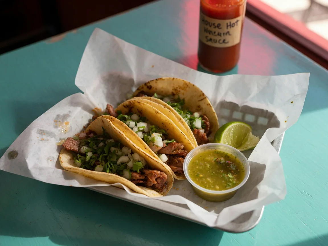 Carne asada street tacos with onion and cilantro beside salsa and a lime wedge on a restaurant table