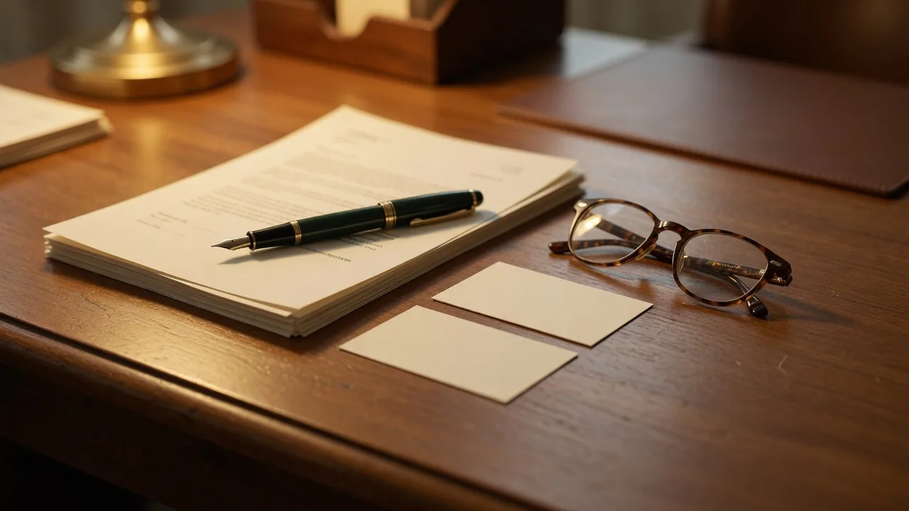 A real estate professional's desk in warm lamplight with a pen on a document stack and two blank business cards, representing a fellow agent's view of a transaction