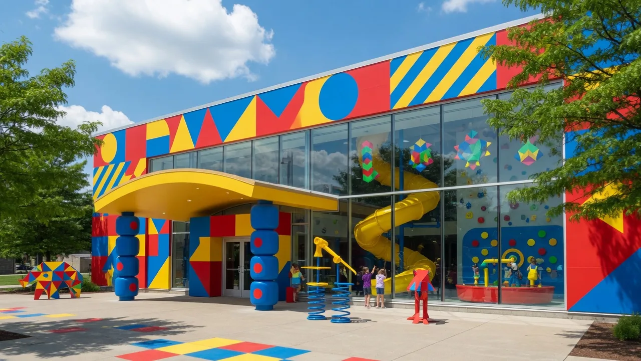 Bright children's museum entrance with colorful architecture on a sunny day