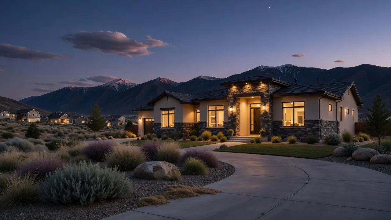 Modern foothill home in Draper, Utah at dusk with mountain views