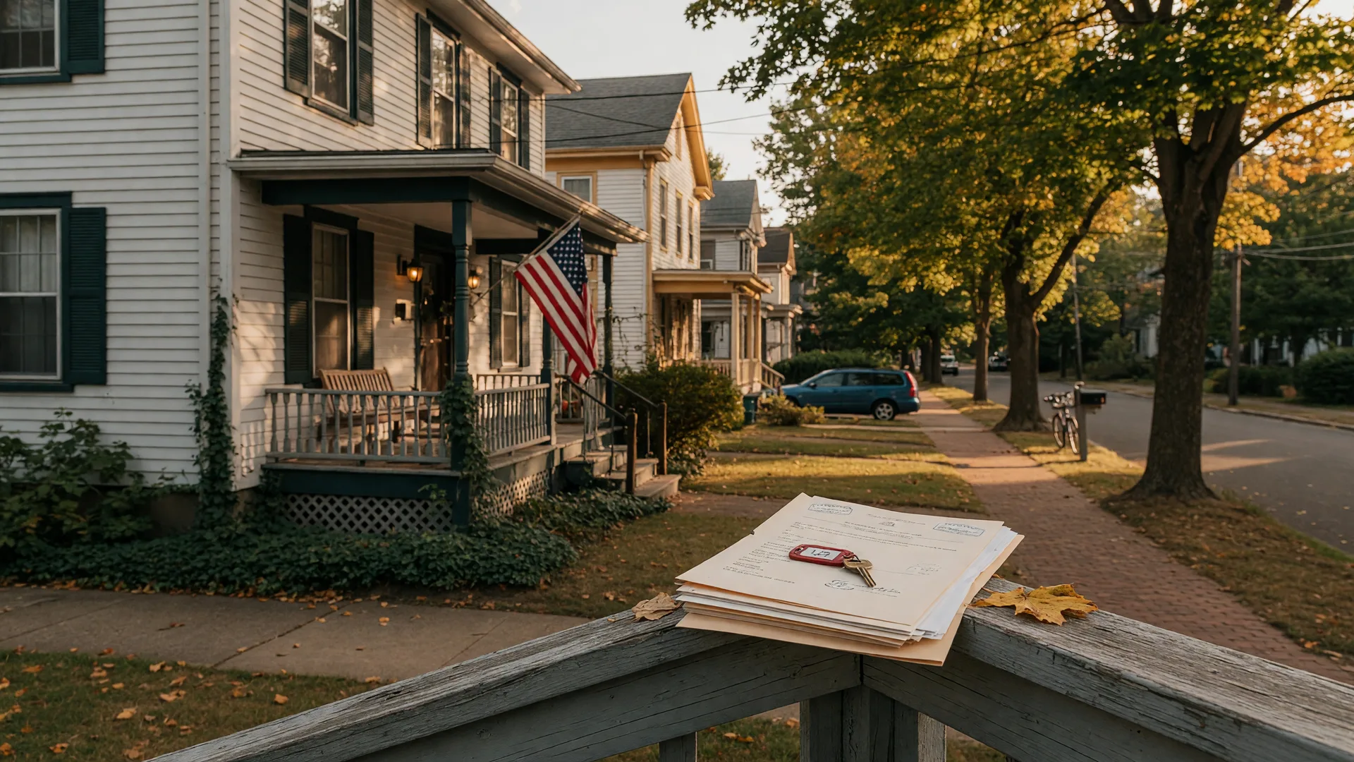A warm New Haven neighborhood scene with estate documents and a key on a porch railing, suggesting a modest estate ready for the next chapter