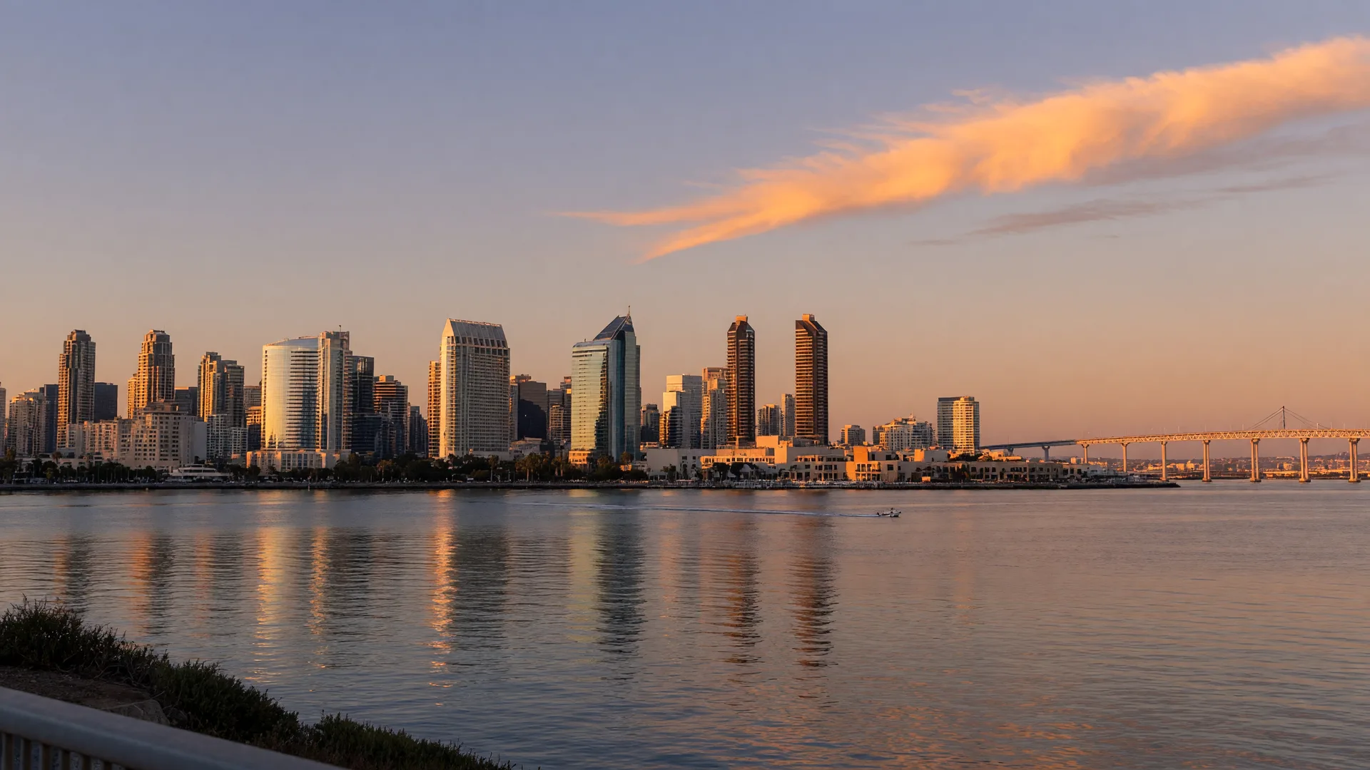San Diego downtown skyline and waterfront at golden hour in early autumn