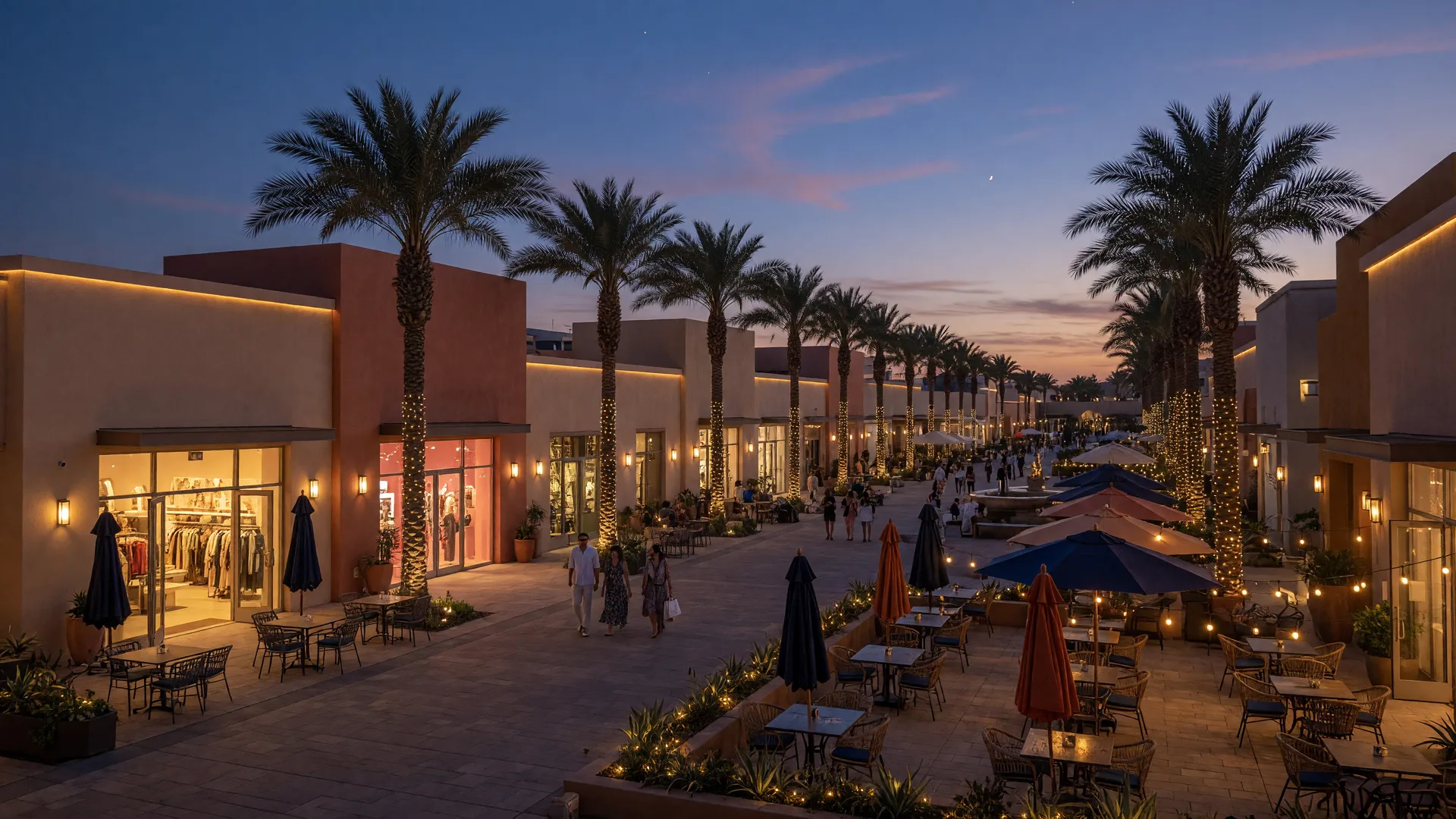 Open-air retail promenade with palm trees and outdoor dining at dusk