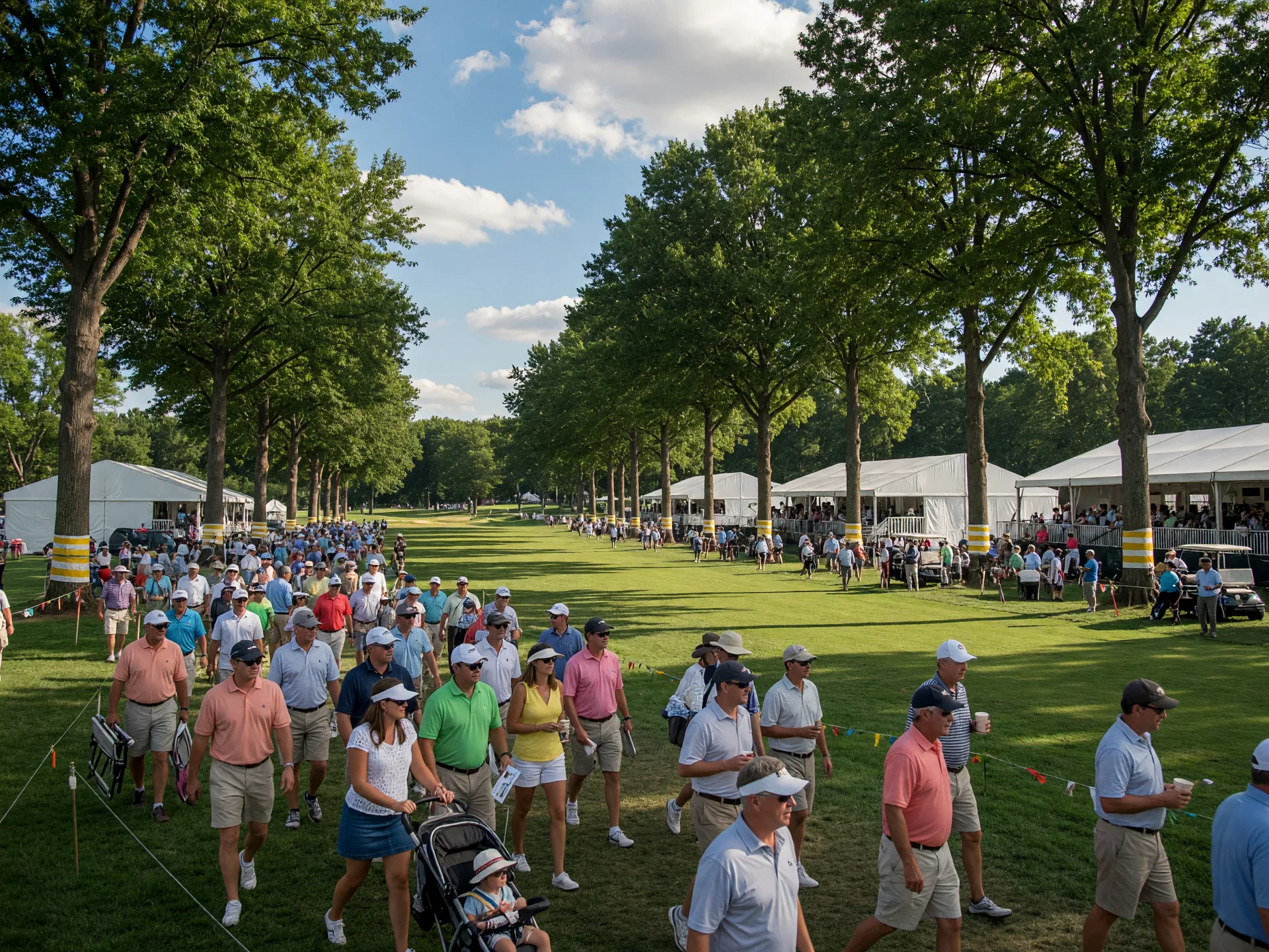 Spectators walking along a tree-lined fairway at a PGA Tour Champions golf tournament with tournament tents in the background on a sunny late summer day
