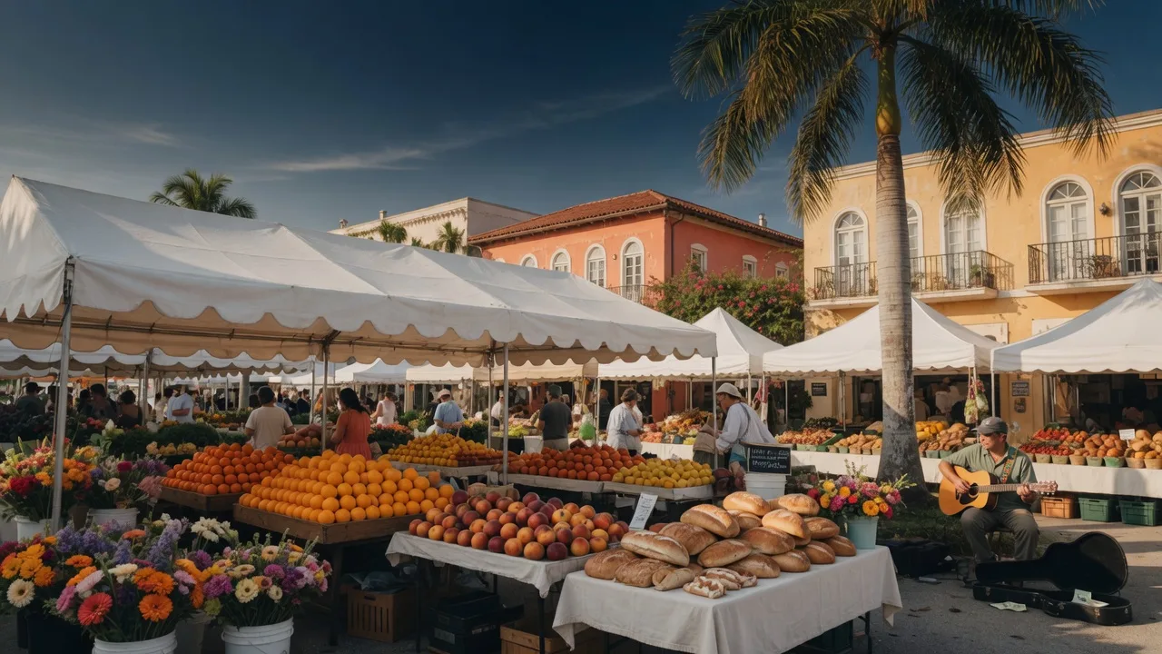 Fall-season farmers market in South Florida on a bright September morning with white-canopied stalls of produce and flowers, an acoustic guitarist near a palm tree, and Mediterranean storefronts under a navy-blue sky