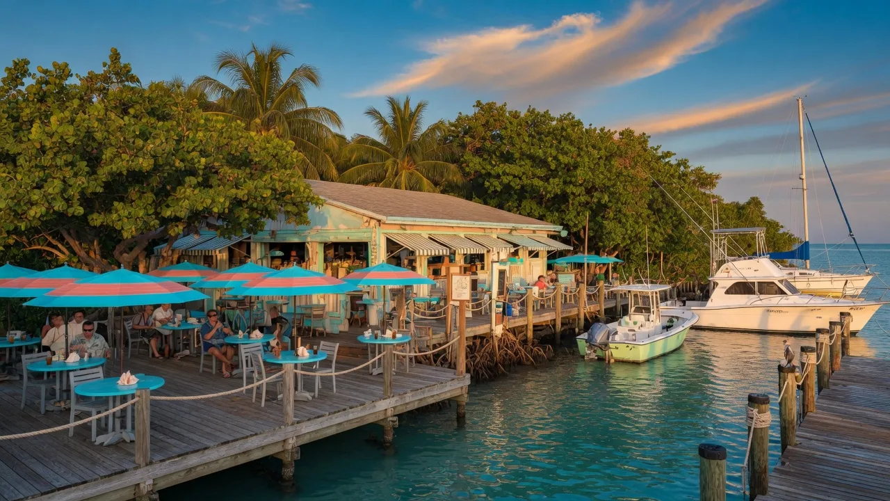 Lazy Days Restaurant waterfront dining deck in Islamorada with docked boats and turquoise water