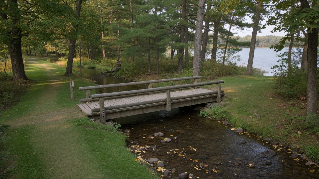 Rustic wooden bridge over a clear stream in a wooded lakeside park