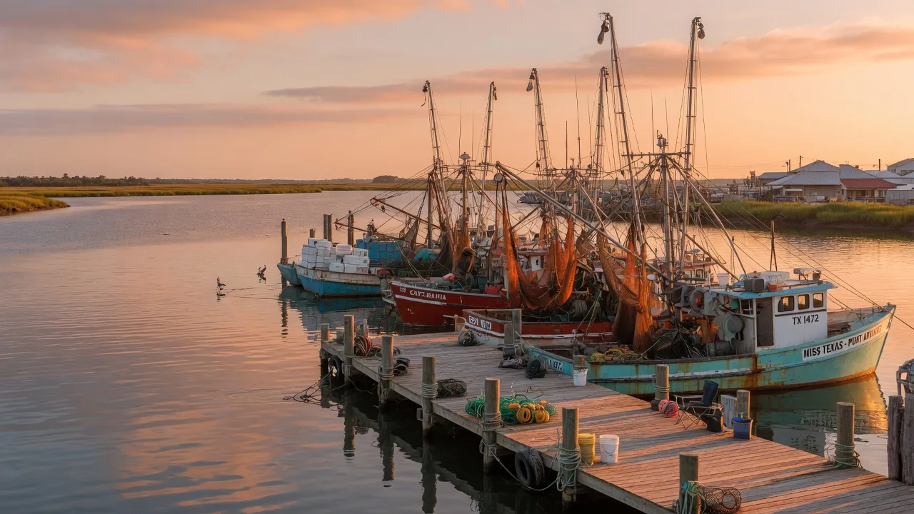 Fishing boats docked in a Texas coastal bay at golden hour