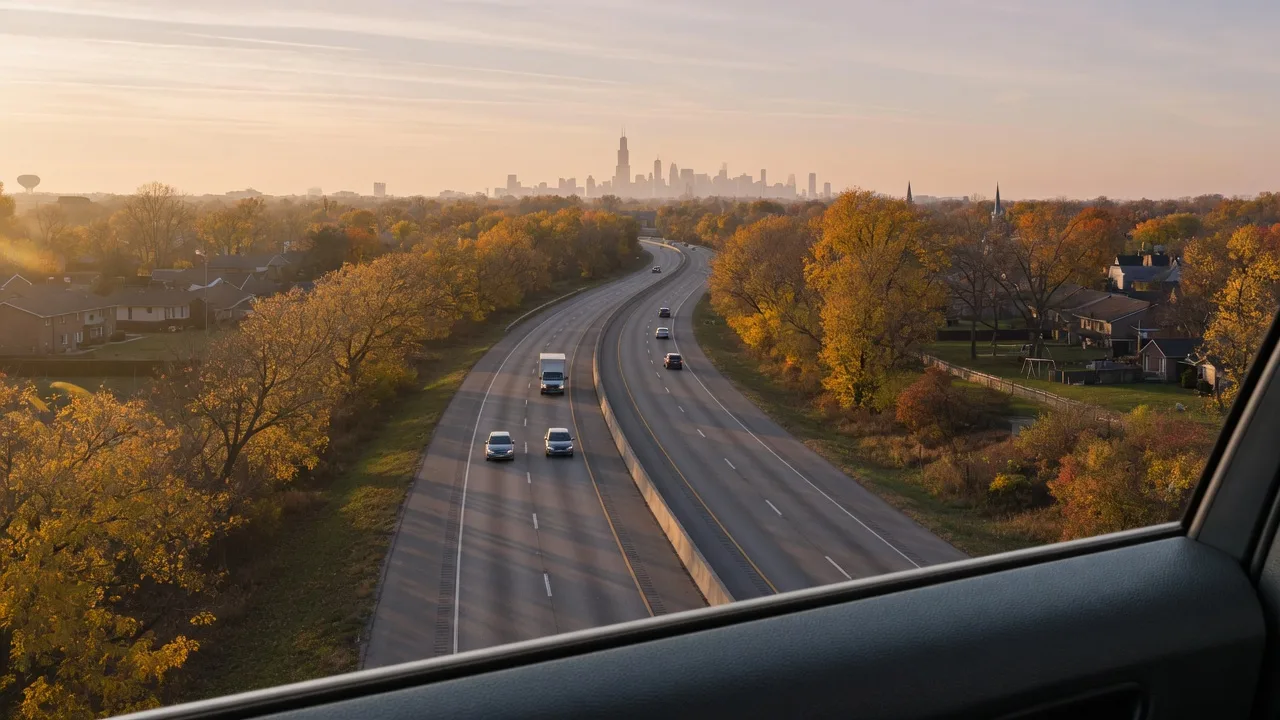 View of the Borman Expressway, I-80/94, near the Indiana-Illinois state line at early morning rush hour with the Chicago skyline on the horizon