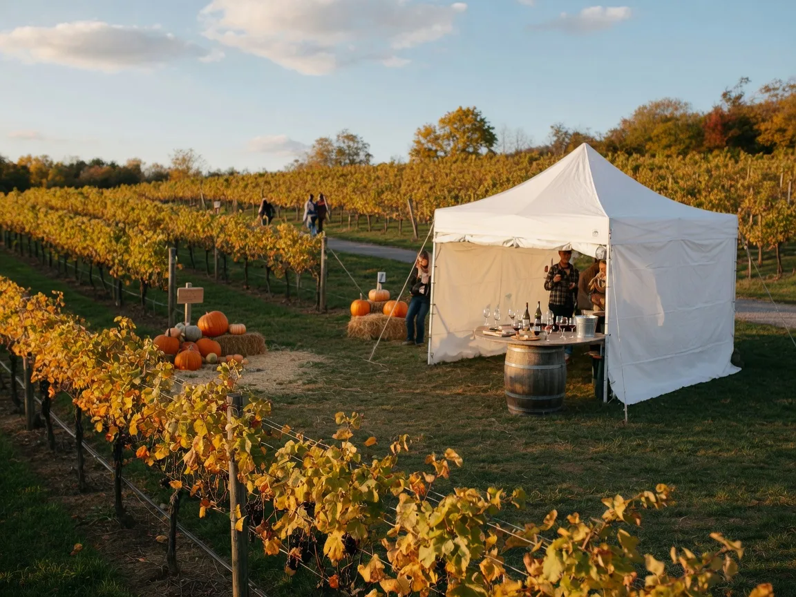Amber and gold vineyard rows with a white tasting tent and pumpkins at a fall wine festival in late September