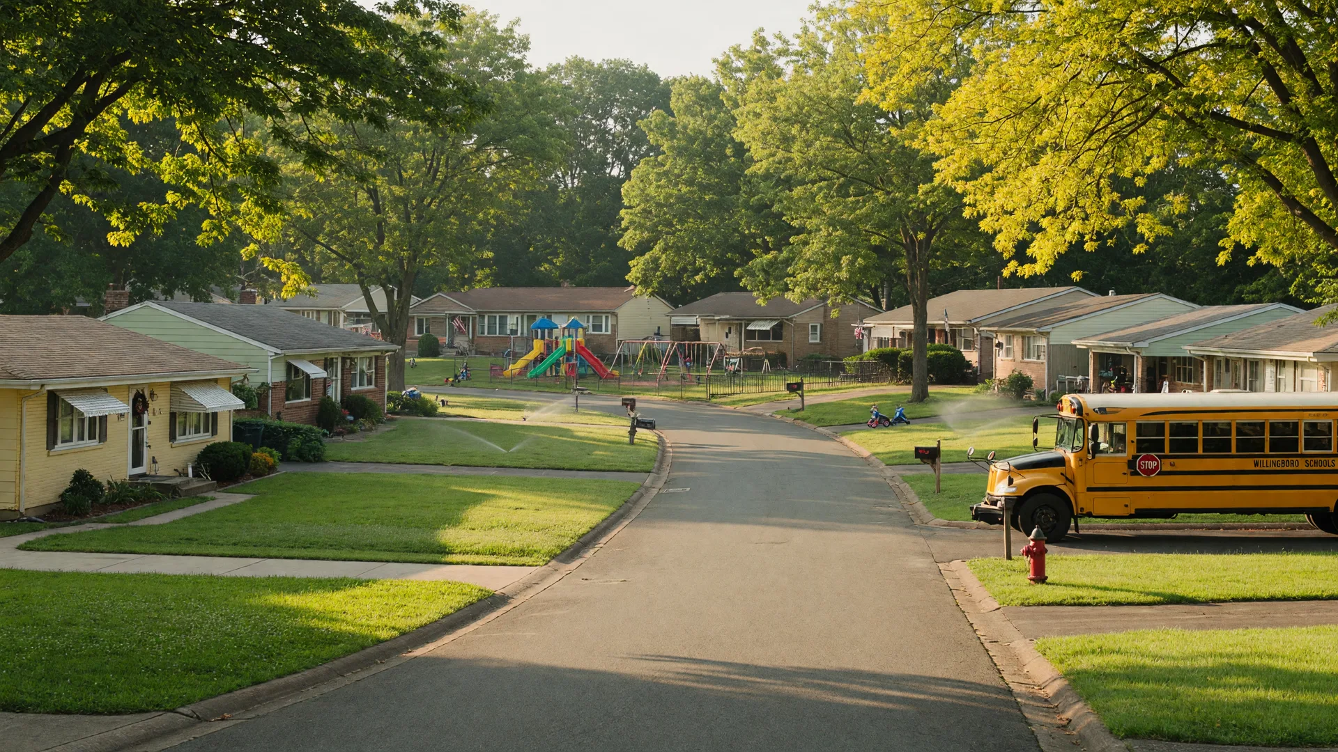 Quiet suburban street in Willingboro with ranch homes, a school bus, and mature trees