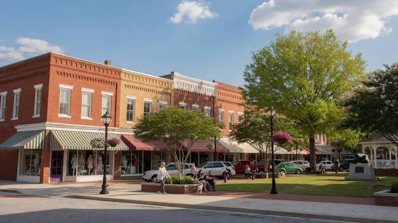 Historic Carrollton Georgia downtown square with red brick buildings and mature trees