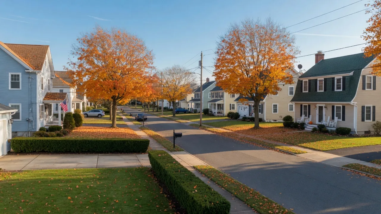 A quiet coastal South Jersey residential street in late autumn, with two-story homes, maple trees showing orange and gold leaves, and a clear blue sky