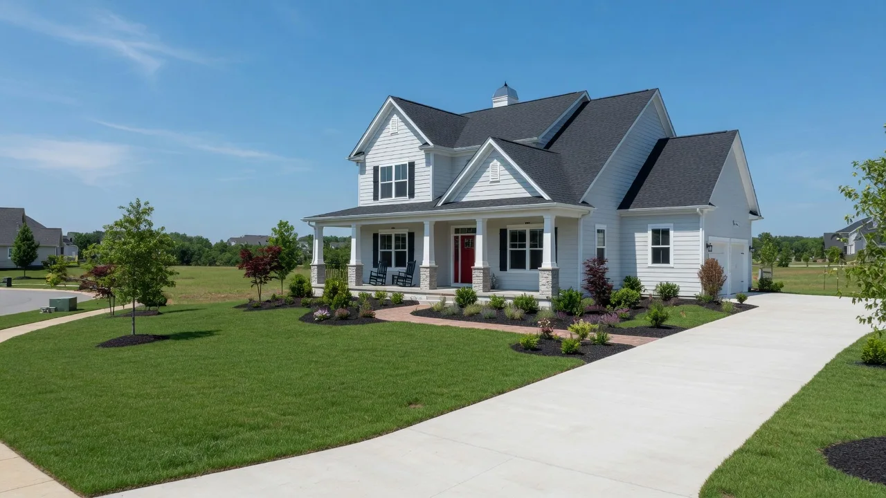 A bright suburban single-family home by Dream Finders Homes in a Virginia community with modern farmhouse styling under a clear sky
