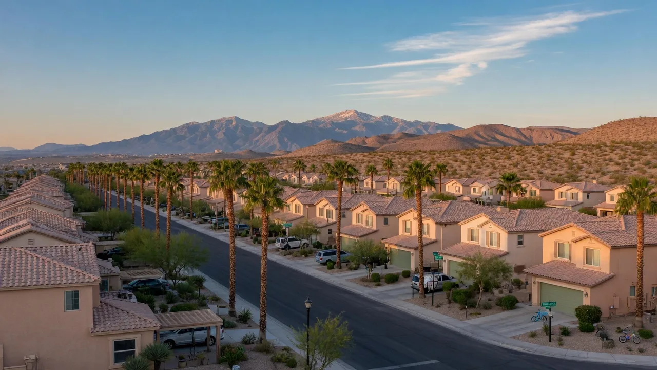 Established gated community in northwest Las Vegas with single-family homes, mature landscaping and mountains on the horizon