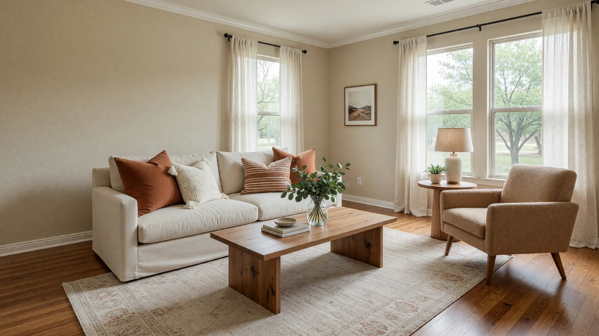 A staged living room in a Texas home with a cream sofa, layered pillows, fresh greenery, and soft daylight through large windows