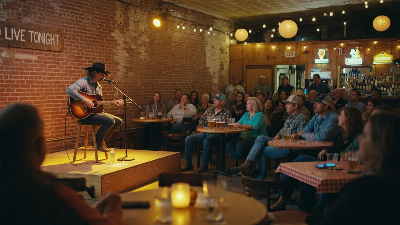 Intimate acoustic performance at a small Texas venue with warm amber stage lighting and an audience seated at tables