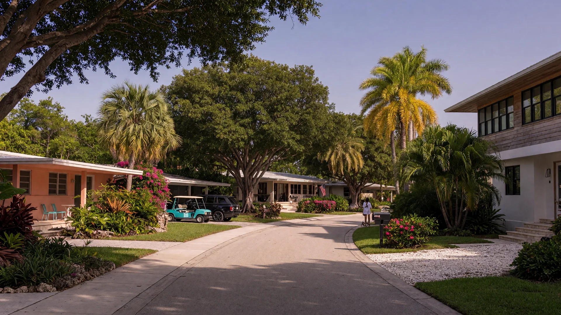 Tree-lined residential street in Coquina Sands with a mix of mid-century and modern homes under tropical canopy