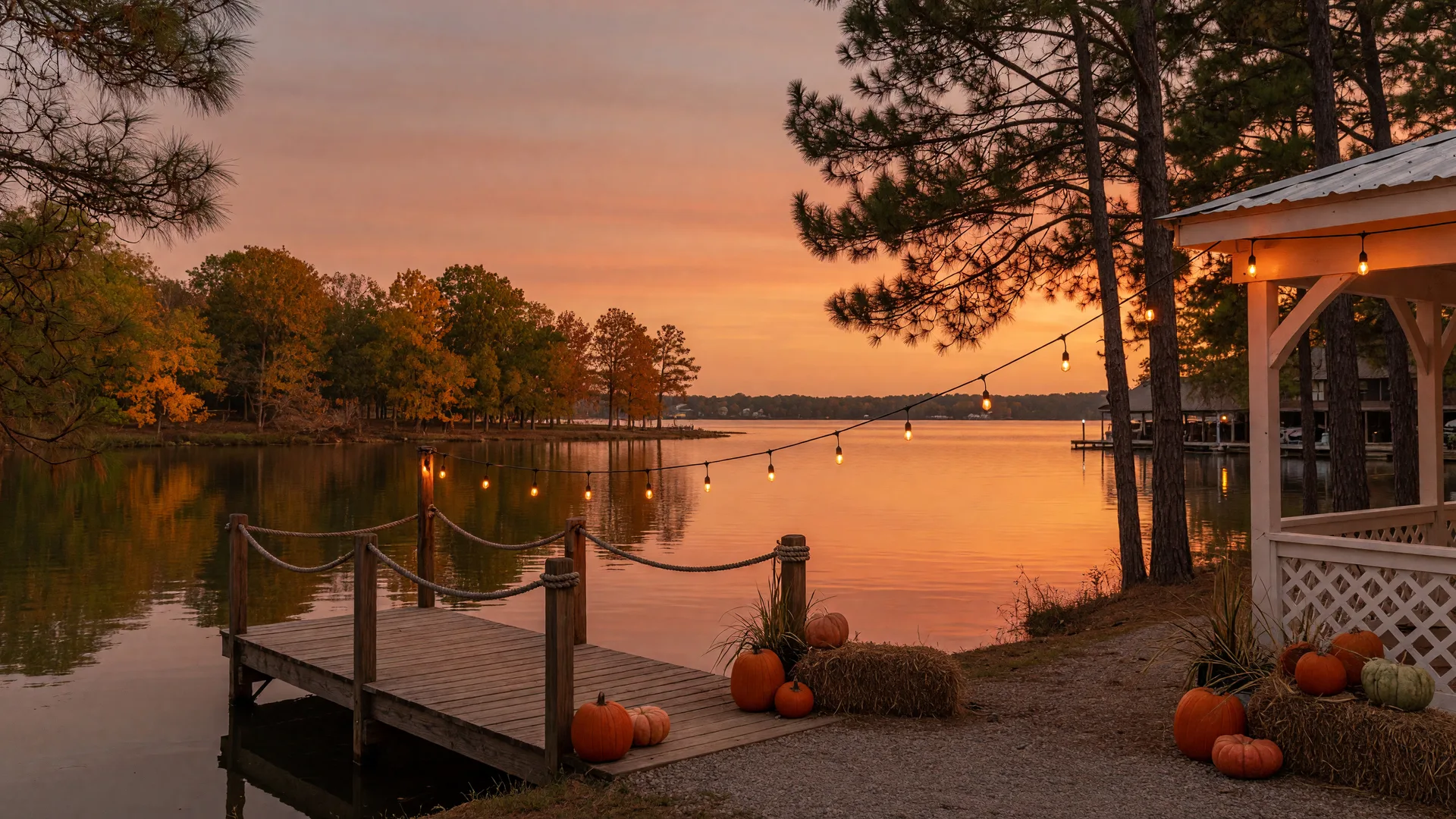 A calm lake reflecting an amber and coral October sky, with warm festoon lights and pumpkins along the shore near Conroe, Texas
