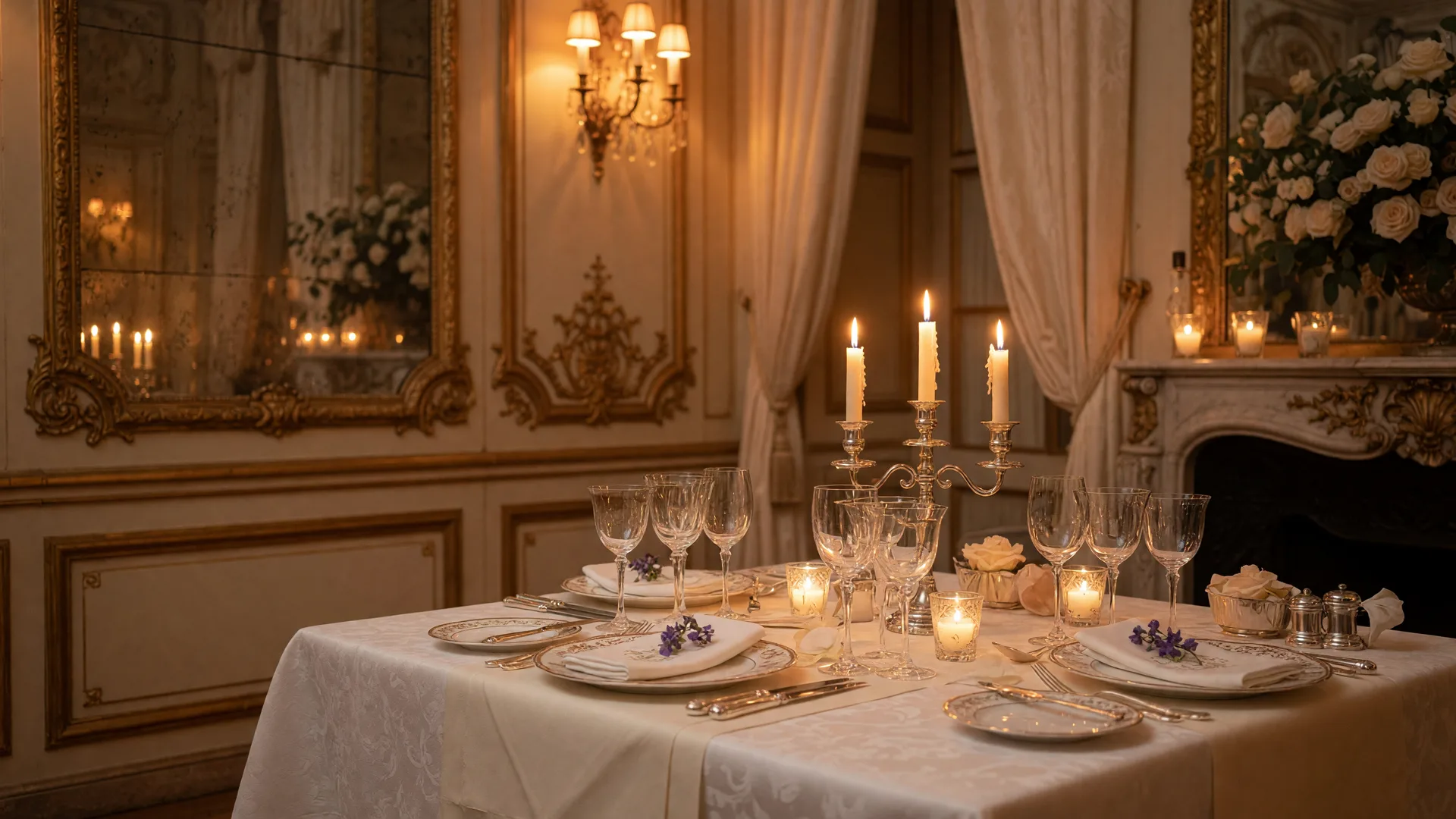 Elegant candlelit dining table at Versailles restaurant in Chateau Elan with crystal glassware and white linens