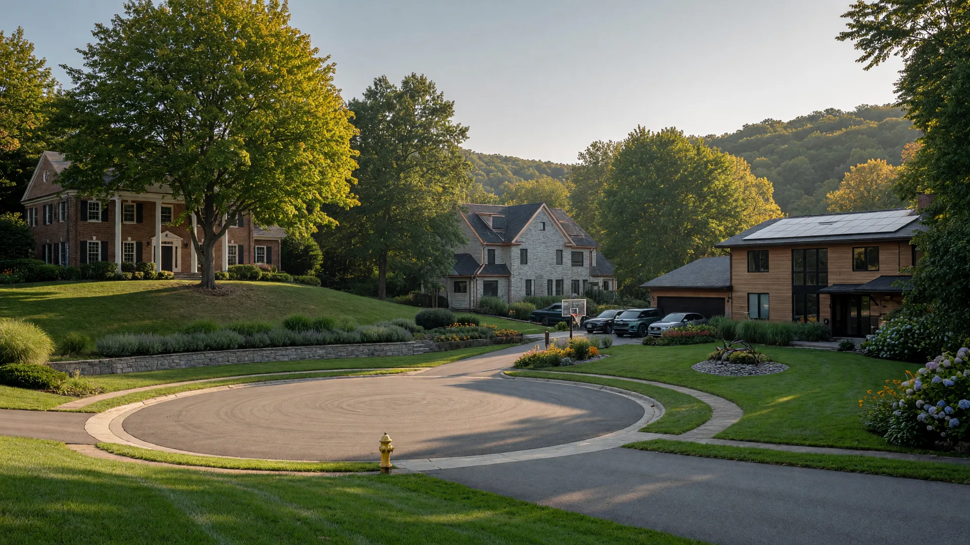 Upscale residential street in Glen Mills, Pennsylvania with beautiful homes on wooded lots and rolling hills